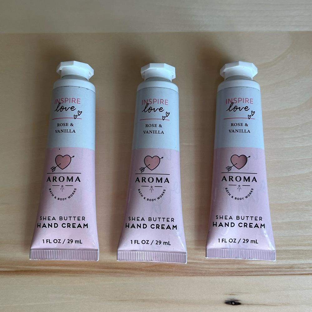 Three B&BW Aroma Inspire Love Rose & Vanilla Hand Creams Travel Sizes